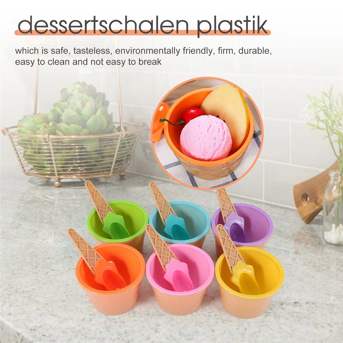 High-end 6Pcs Ice Cream Bowl Set Different Color Ice Cream Spoon Bowl Tableware Set Creative Children Cartoon Bowl