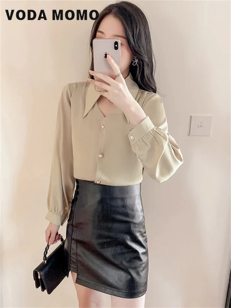 Commuting Wind New Simple Korean Vintage Satin Silk Shirt Women Fashion Blouse Elegant Female Blouse Long Sleeve Shirts Tops