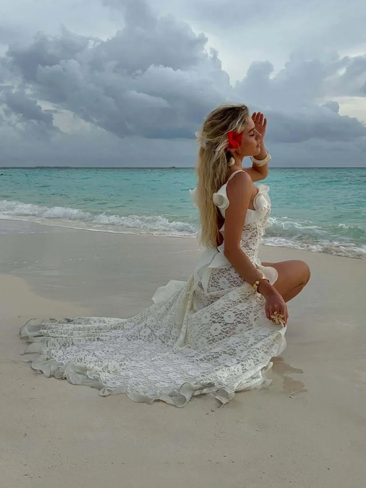 Chic White Lace Ruffles Mermaid Maxi Dress Women Trendy Spaghetti Strap High Split Backless Vestido 2026 New Vacation Beach Gown