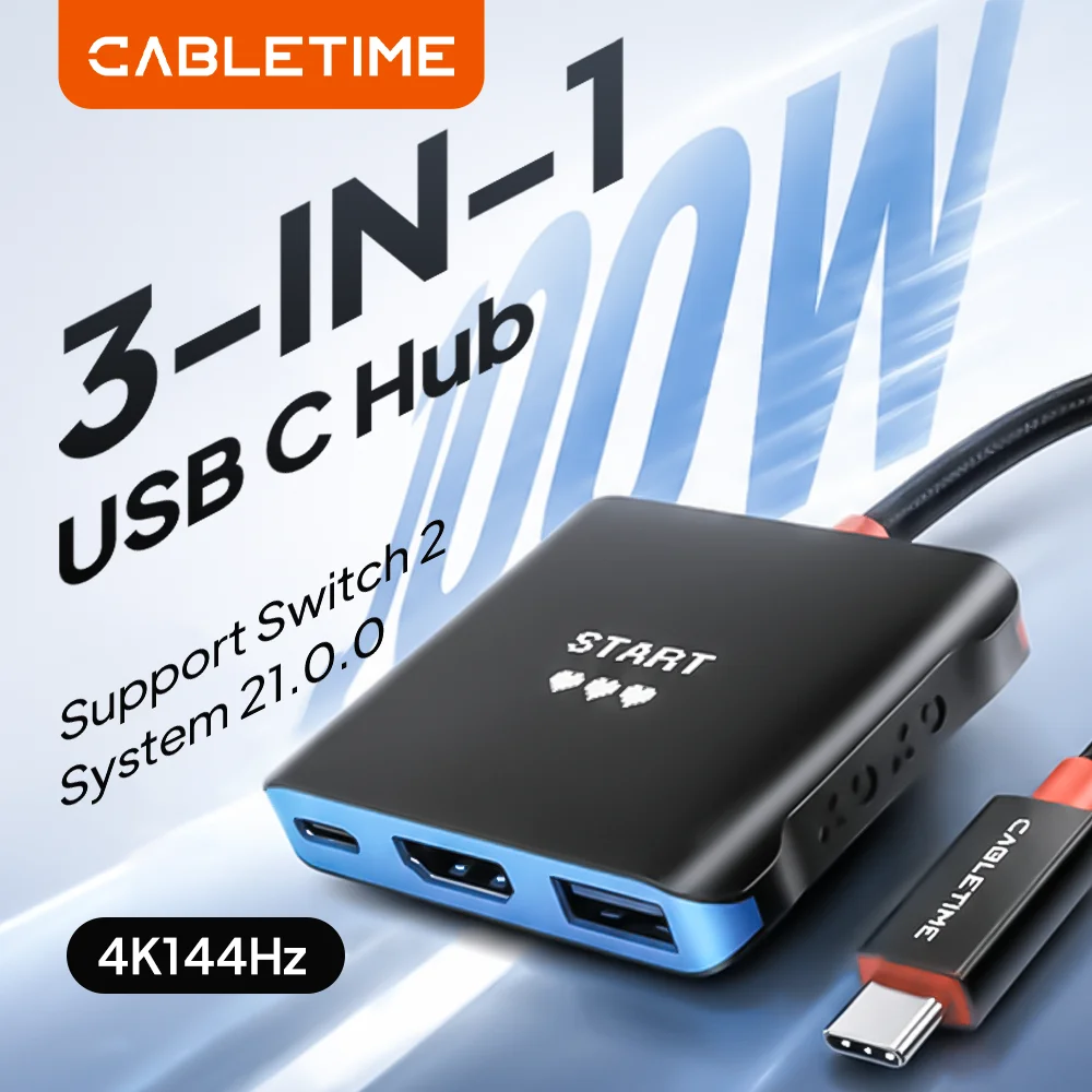 CABLETIME USB C Hub Switch 2 Dock 4K144Hz Replacement Portable TV Dock Station 3-in-1 for Switch/Switch 2/Steam Deck