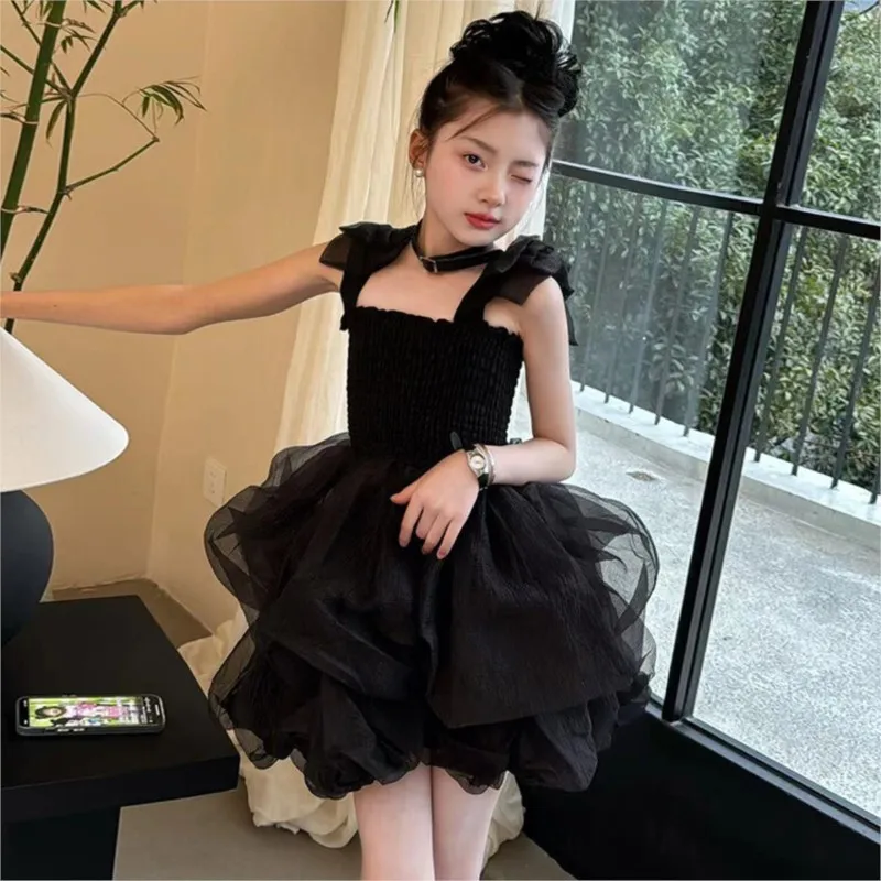 2024 Korean Summer Children Girl Dress School Girl Elastic Waist Slip Dress Junior Girl Comfortable Breathable Lace Gauze Dress