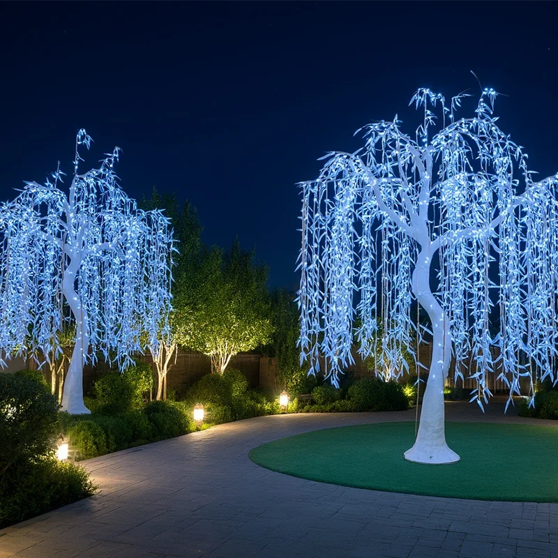 Waterproof and rust-proof Rgb Color-changing Light Emitting Diode Artificial Willow Leaf Fiber Optic Tree Theme Light Event