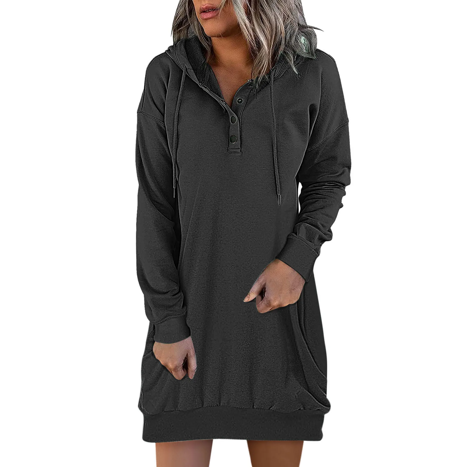 

Womens Casual Hoodies Dress Spring Solid Long Sleeve Sweatshirt Button Down Drawstring Pullover Top Lightweight Daily Dress