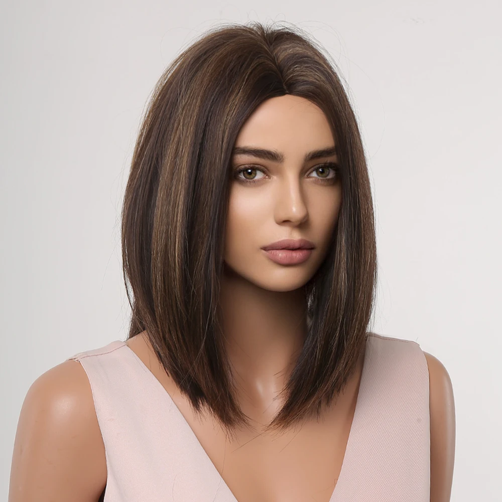 Ciemnobrązowe krótkie proste peruki syntetyczne Bob Highlight Golden Blonde Hair Middle Part Peruki dla czarnych kobiet Afro Codzienne użytkowanie