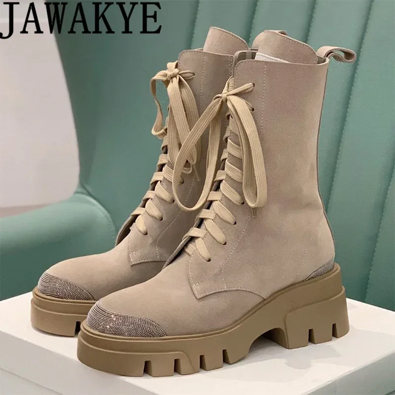 Designer Cow Suede Combat Boots Women Lace Up Thick Sole Motorcycle Boots Winter Street Fashion Cowboy Shoes Ankle Boots