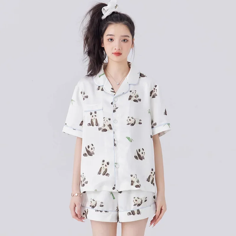 Women's Pajamas Sets Spring Autumn 2 Piece Panda Print Pyjama Faux Silk Satin Sleepwear Short Sleeve Pijama Mujer Pjs Homewear