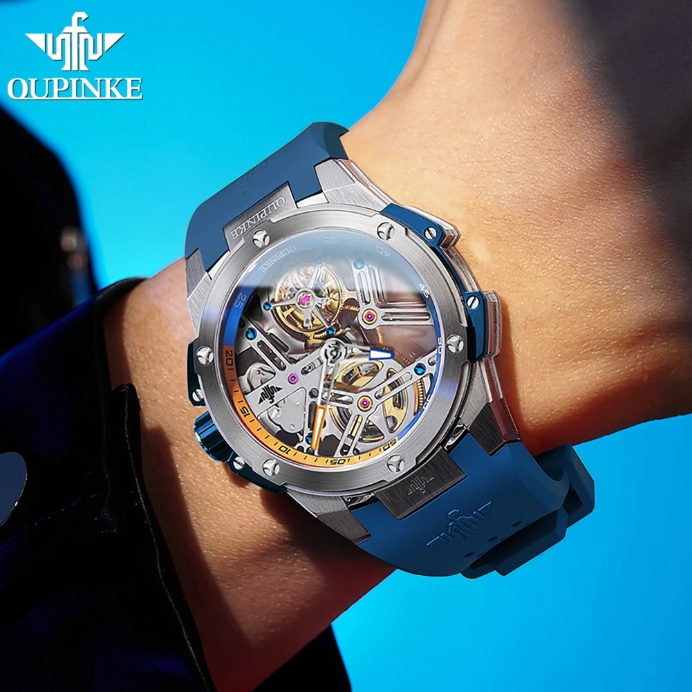 OUPINKE 8003 Watch For Men Tourbillon Hollow Mechanical Men Watch 45mm Big Dial Fashion Waterproof Silicone Strap Man Watches