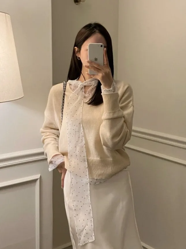 

Ele Vintage Polka Dot Sa Blouse Women's f High Collar Versatile Base irt Spring Commute Sle Long Sve Casual Top