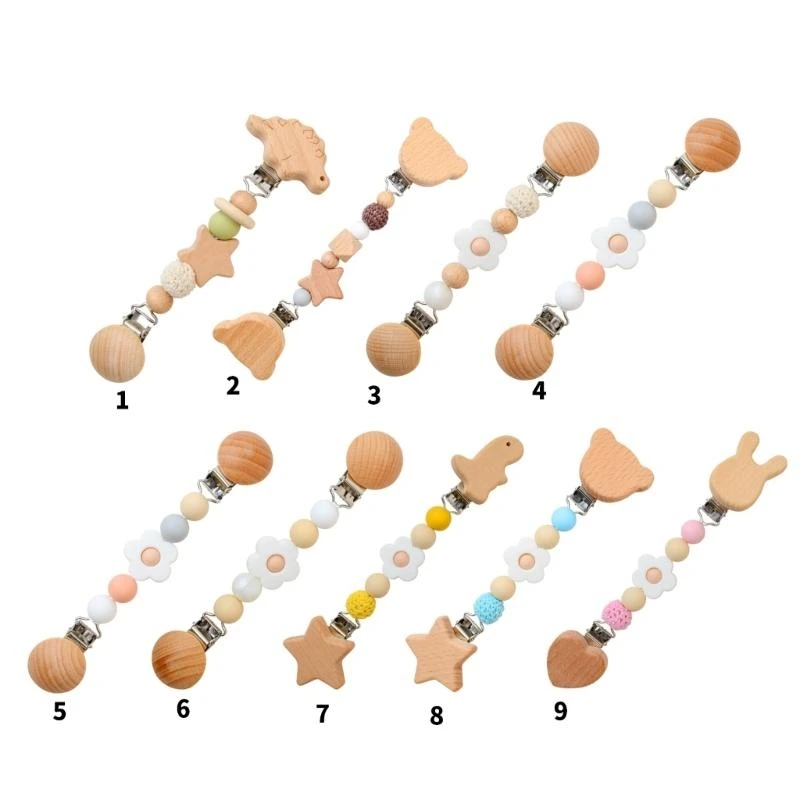 J15U – attache-sucette en bois hêtre pour bébé, porte-sucette pour bébé, poussette, chaîne sucette, parfaite pour usage