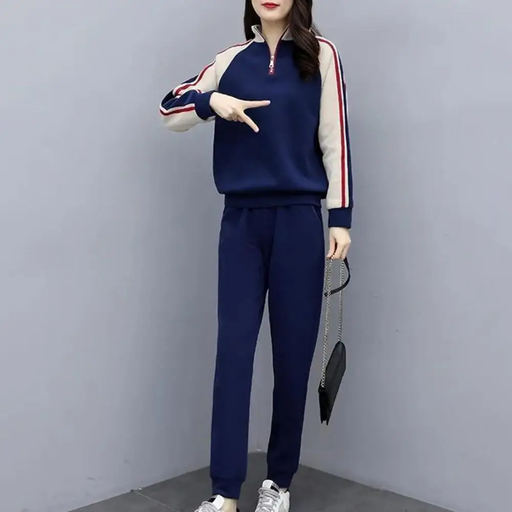 Women Stylish Suit Set Women\'s Color Matching Tracksuit Set with Stand Collar Sweatshirt Elastic Waist Pants for Fall Winter 2