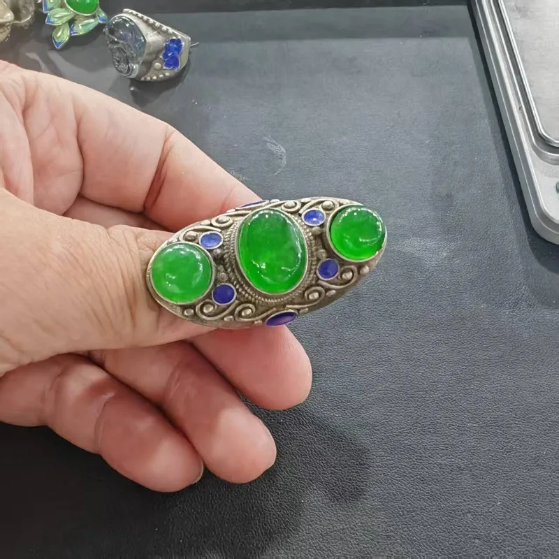 Retro-Orientalischer Cloisonné-Emaille-Ring Unisex Multi-Grün Imitierter Edelstein Antiker Gebogener Metall-Tribal-Herren-Fingerornament – Detail 4