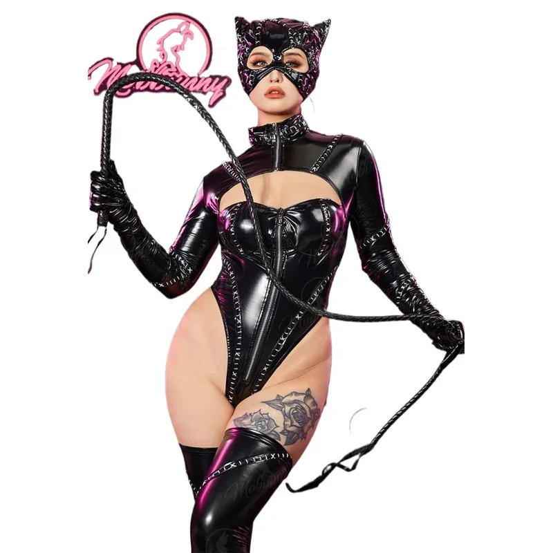 

MOBBUNNY Catsuit Cosplay Costume Women Cat Bodysuit with Leg Covers and Mask PU Leather Chest Open Lingrie