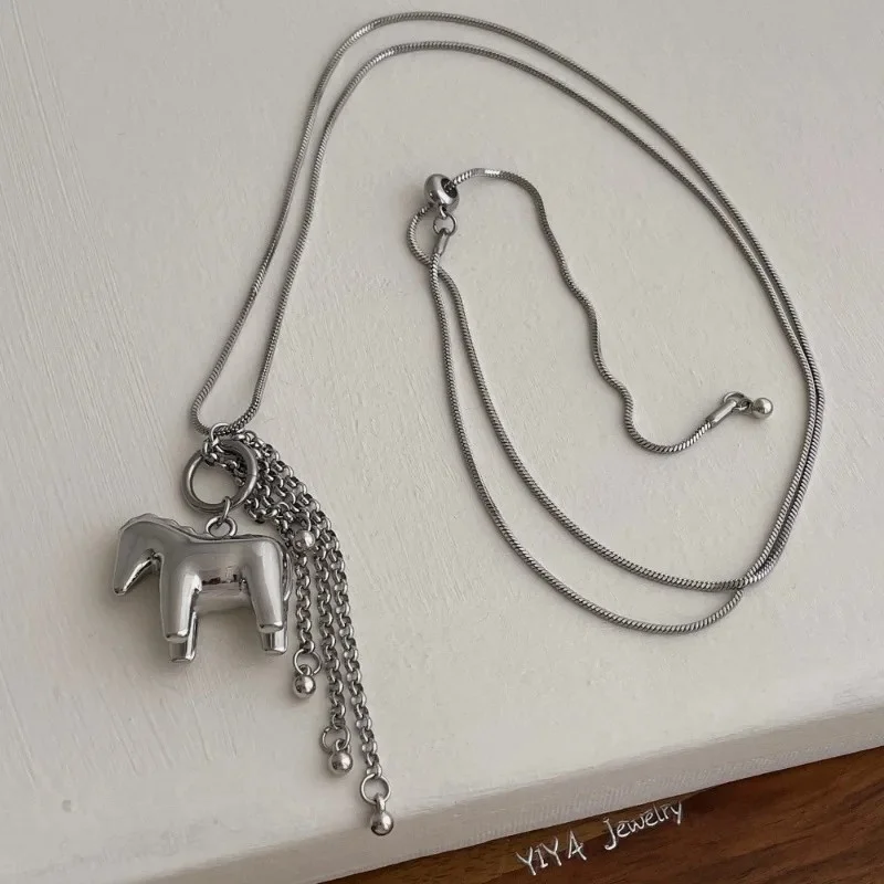 Funny Metallic Cartoon Horse Multi Tassel Beads Pendant Necklaces for Women Female Adjustable Long Wax Rope Chain Chokers