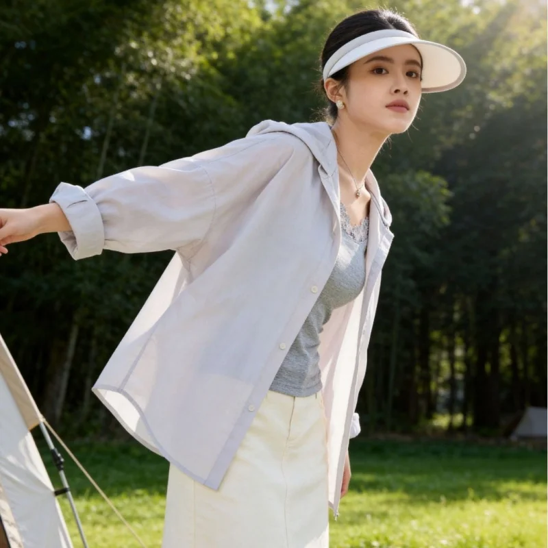 Women's lightweight summer outdoor sun protection cardigan with hood, wholesale