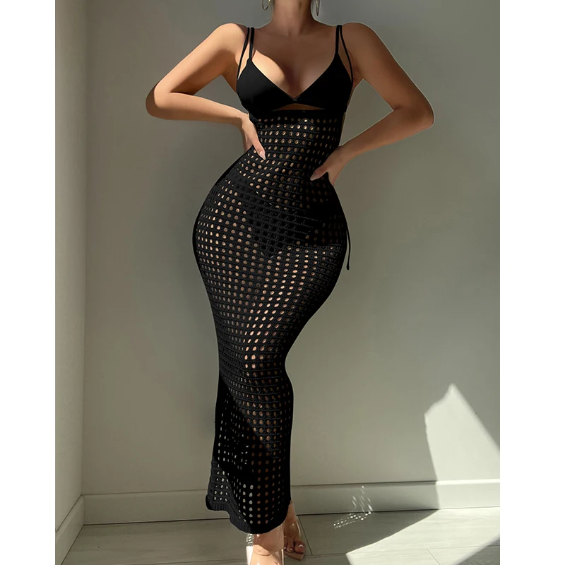 Knitting Texture Swimsuit Cover Up Summer Beach Ladies High Waist Strappy Long Dress Sexy Hollow-Out Sunscreen Smock