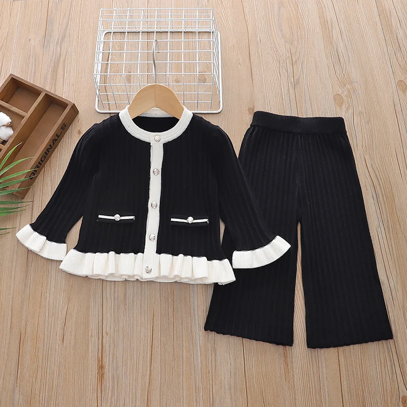 2026 Girl's Jumper Sets Autumn Winter Fashion Kids Solid Colour Cardigan Sweater+Wide Leg Trousers 2 Pcs Outfits Children Suits