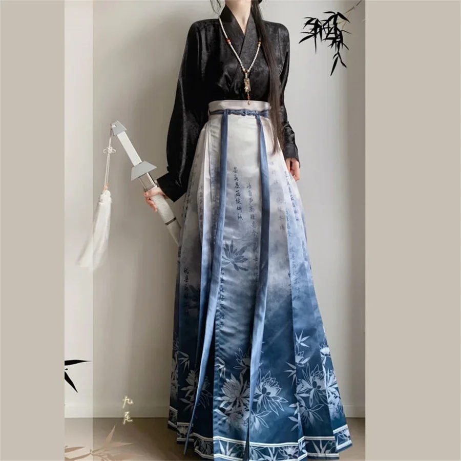 กระโปรง Hanfu ชุดสไตล์จีนกระโปรงสานสีทองหรือพิมพ์ลายหน้าม้าแบบชุดเดรสแบบจีนดั้งเดิม