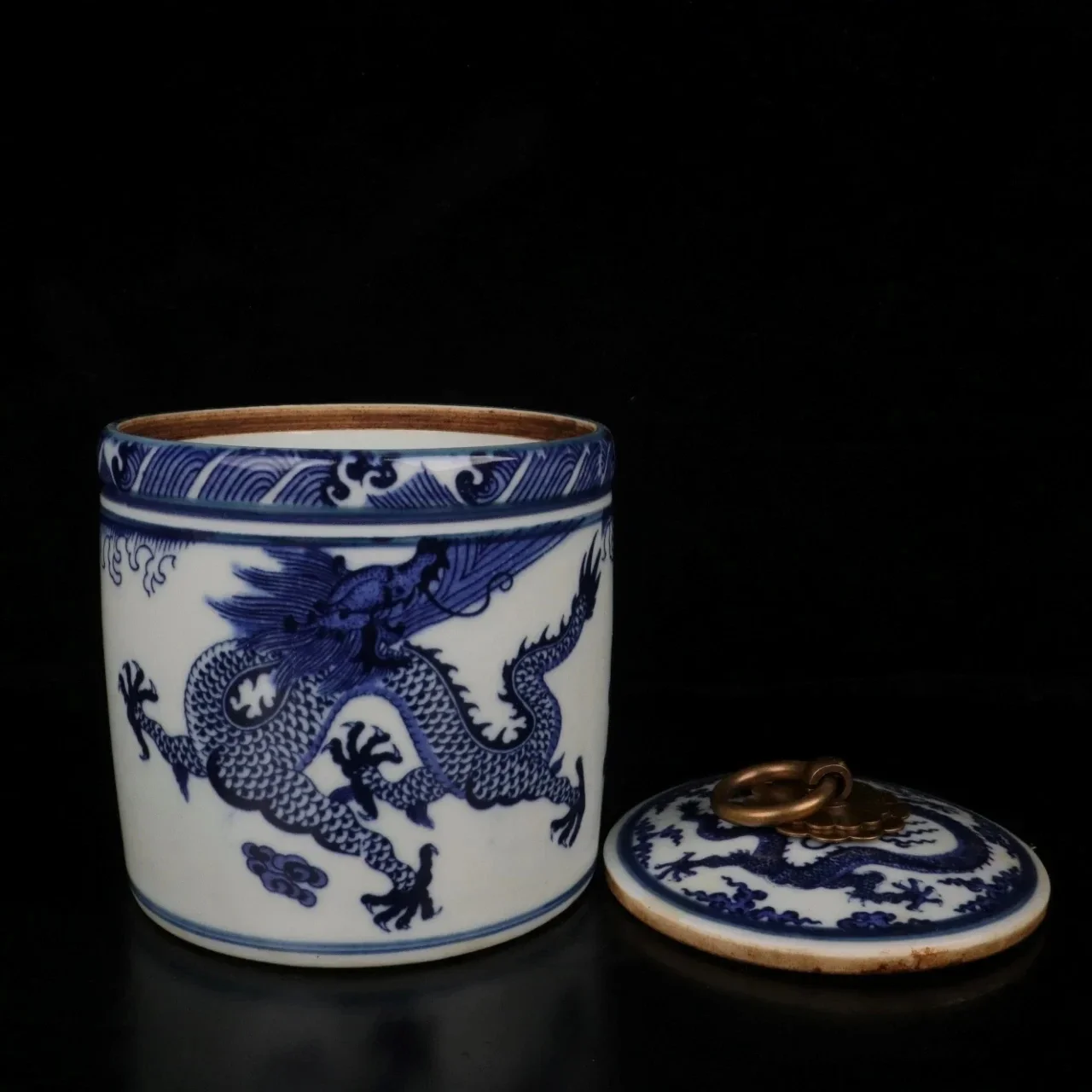 Jingdezhen Blue and White Cloud Sky Dragon Pattern Straight Tube Cover Bowl Antique Porcelain Home Decoration Ornament