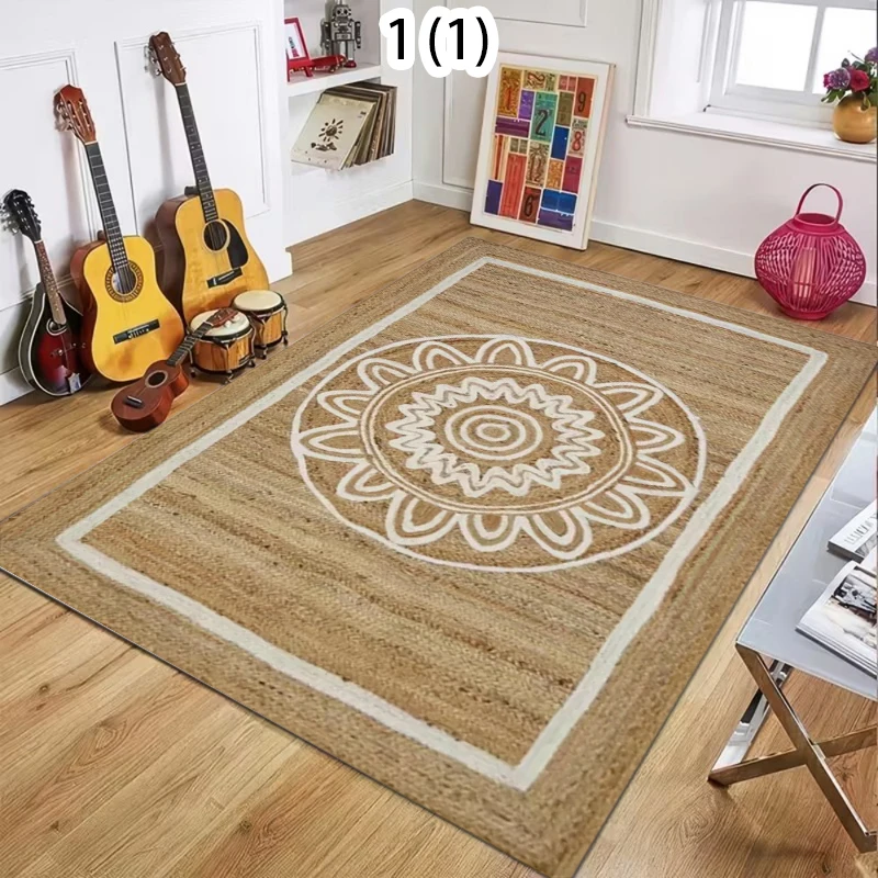Tapis Bohème à Motif Soleil en Jute Texturé, Tapis Antidérapant, Tapis Doux pour Chambre à Coucher, Salon, Salle de Yoga, Décoration Intérieure