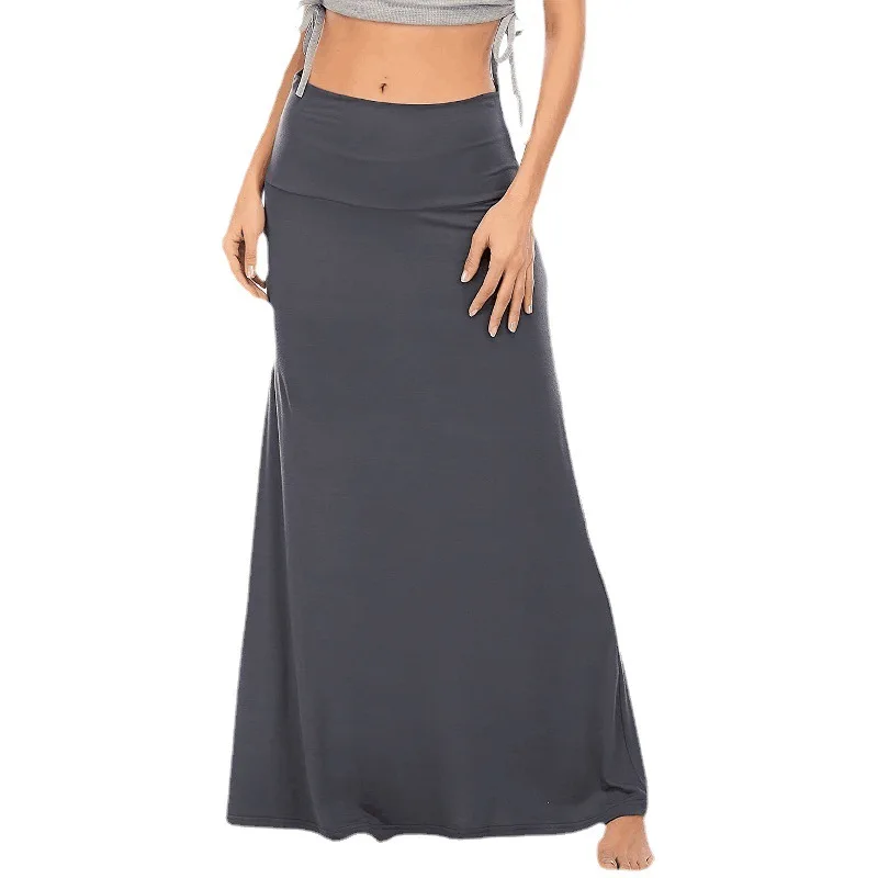 Muslim Long Skirts for Women Solid Color Maxi Skirt High Waist Fold Over Floor Ankle Length Jersey 2024