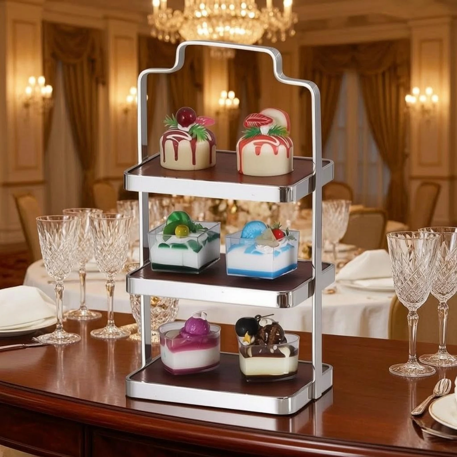 Three-Tier Dessert Stand Stable-Looking Wood-Tone Dessert Tray Stand Tiered Serving Tray Modern Design Tableware - view 5
