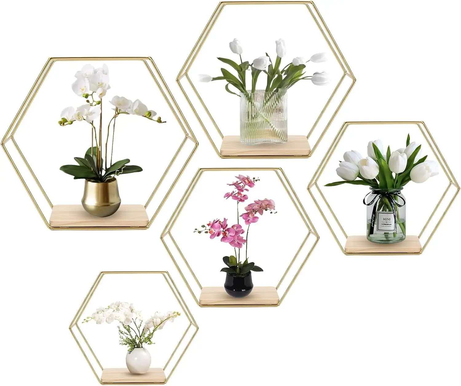 

Set of 5 Hexagonal Floating Shelves in Gold, Modern Metal and Wood Design for Home Storage