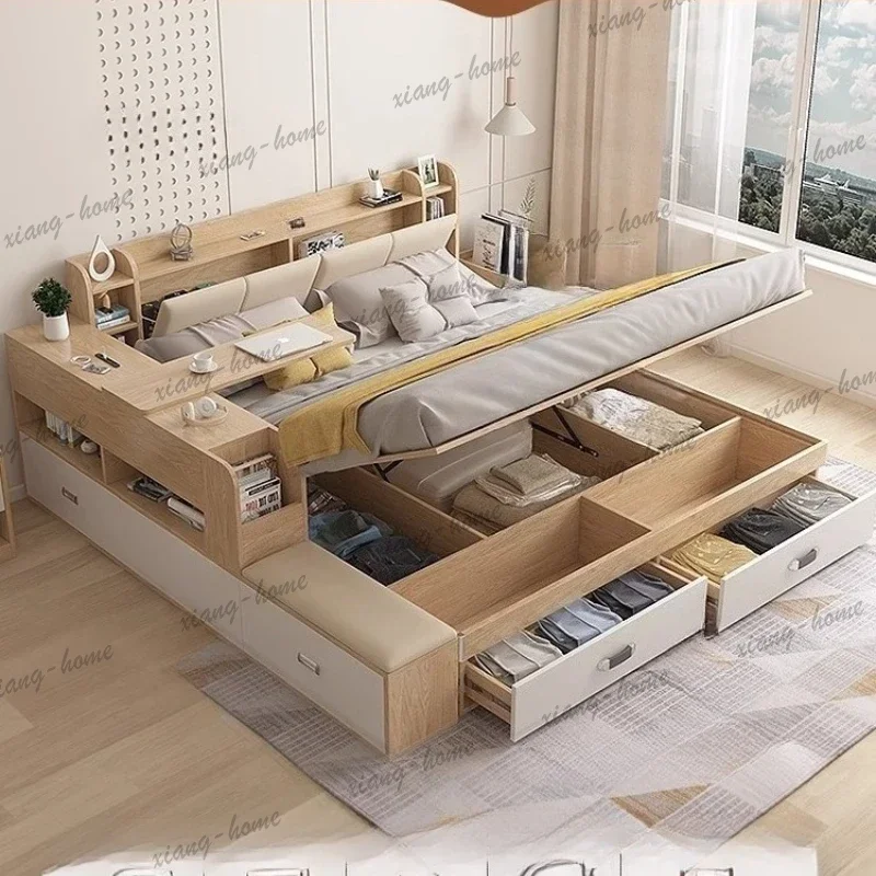 LJY Drawers Leather Bed Modern Twin Tatami Massage Storage Bed Multifunctional Minimalist Muebles Para El Hogar Bedroom Furnitur