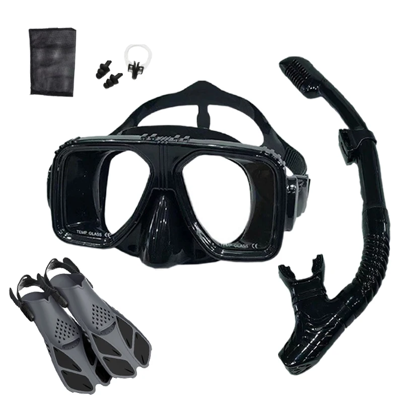 

5pcs Snorkeling Set - Square Frame Diving Mask Anti Fog, Dry Breathing Tube Adjustment, Diving Fins, Snorkel Diving Equipment