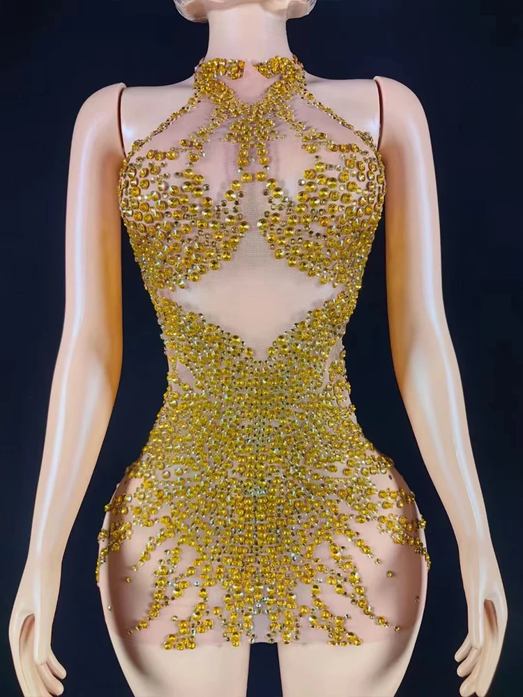 High Quality Rhinestone Sexy Mesh Hanging Neck Elastic Dress 2025 New Fashionable Custom Women'S Clothing