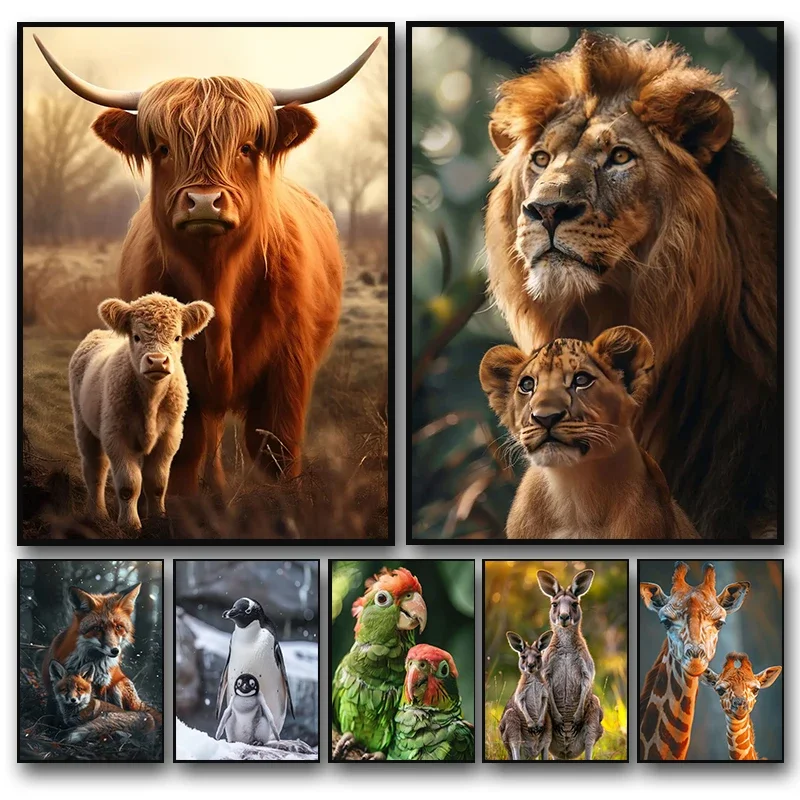 Modern Animal Family Art Poster Print Wildlife Rhino Lion Giraffe Koala Portrait Canvas Paintings Wall Art Pictures Home Decor