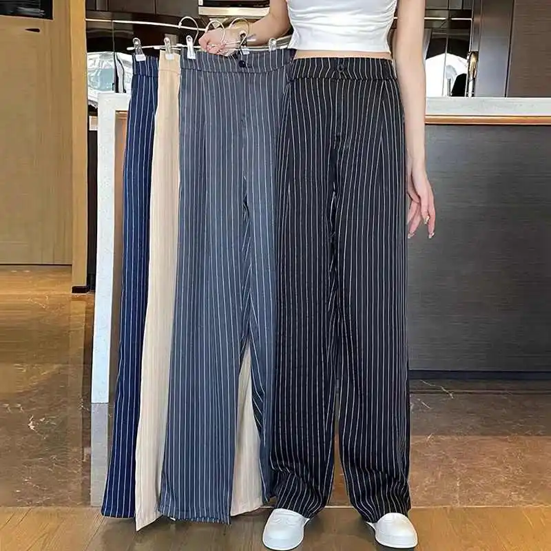 여성용 하이웨이스트 스트라이프 스트레이트 팬츠 캐주얼 롱 트라우저 반사 요소 자수 디테일 폴리에스터 코튼 B...