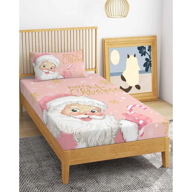 

3-piece Christmas Happy Santa Claus Gold Winter Snow Pink Candy Can Gradient Quilt Cover and Pillowcase