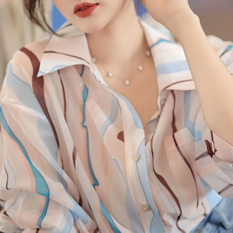 Korean Contrasting Colors Printed Blouse Single-breasted Women's Clothing Pockets Spliced Spring Autumn Long Sleeve Lapel Shirt