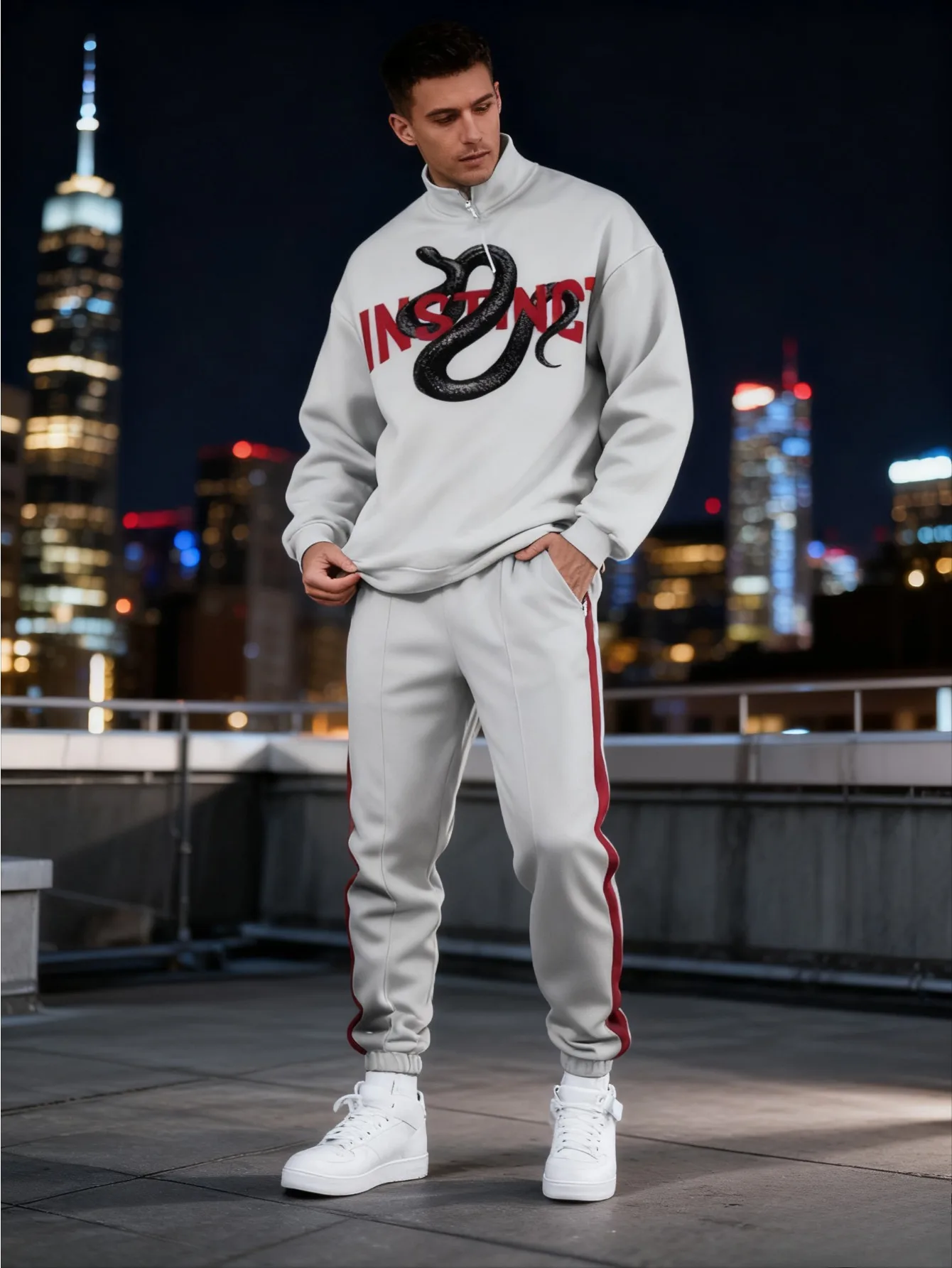 Conjunto deportivo con media cremallera y estampado digital para hombres europeos y americanos: tela de sudadera agradable para la piel de alta calidad