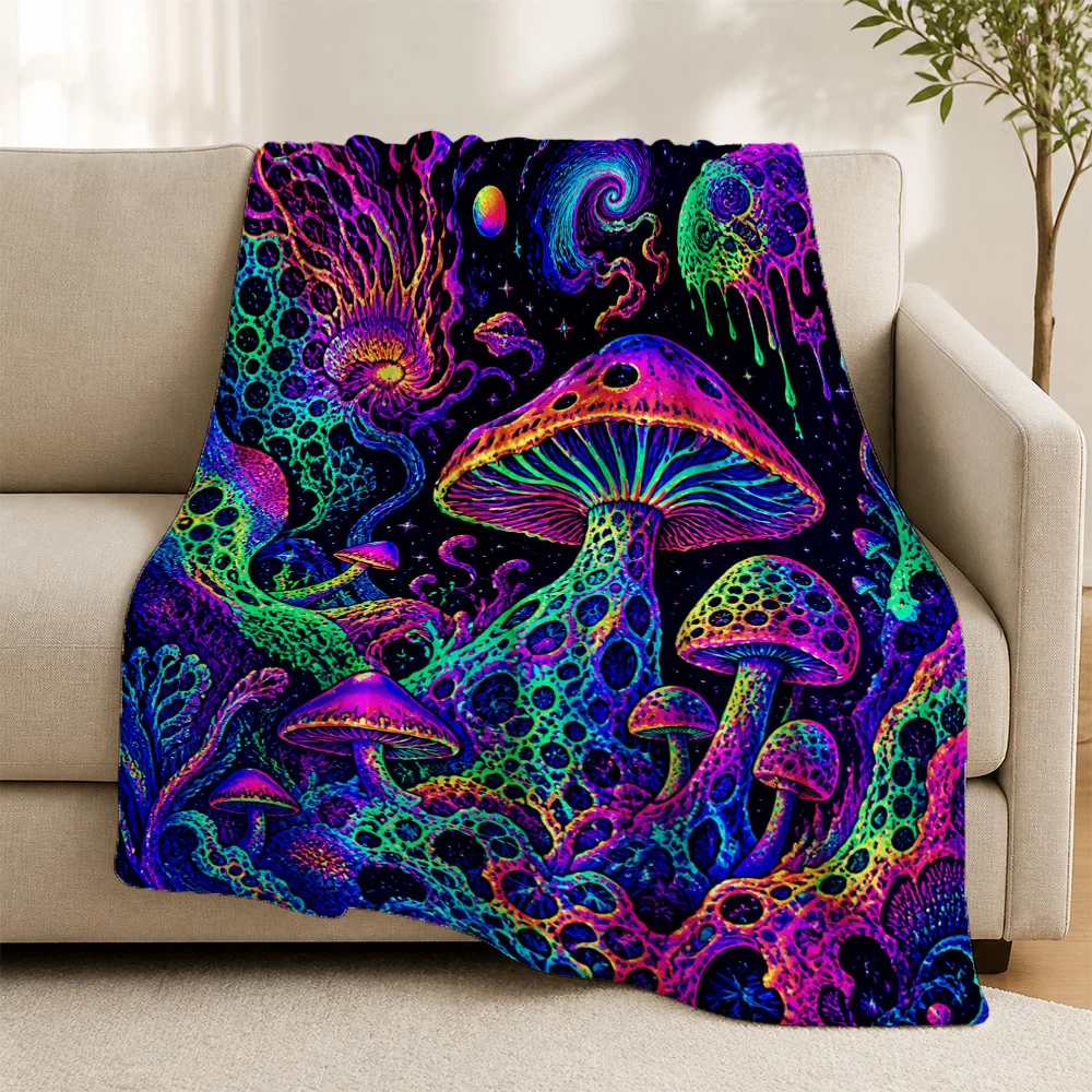 Vibrant Psychedelic Mushroom Throw Blanket for Sofa Couch Boho Aesthetic Neon Art Home Decor Unique Cozy Living Room Xmas Gift