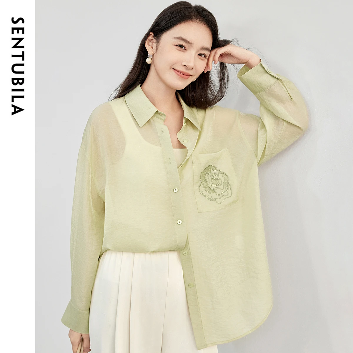 

SENTUBILA Women's Lightweight Sun Protection Lyocell Shirt 2025 Spring Fall Embroidery Long Sleeve Top Female Clothes 151C57975