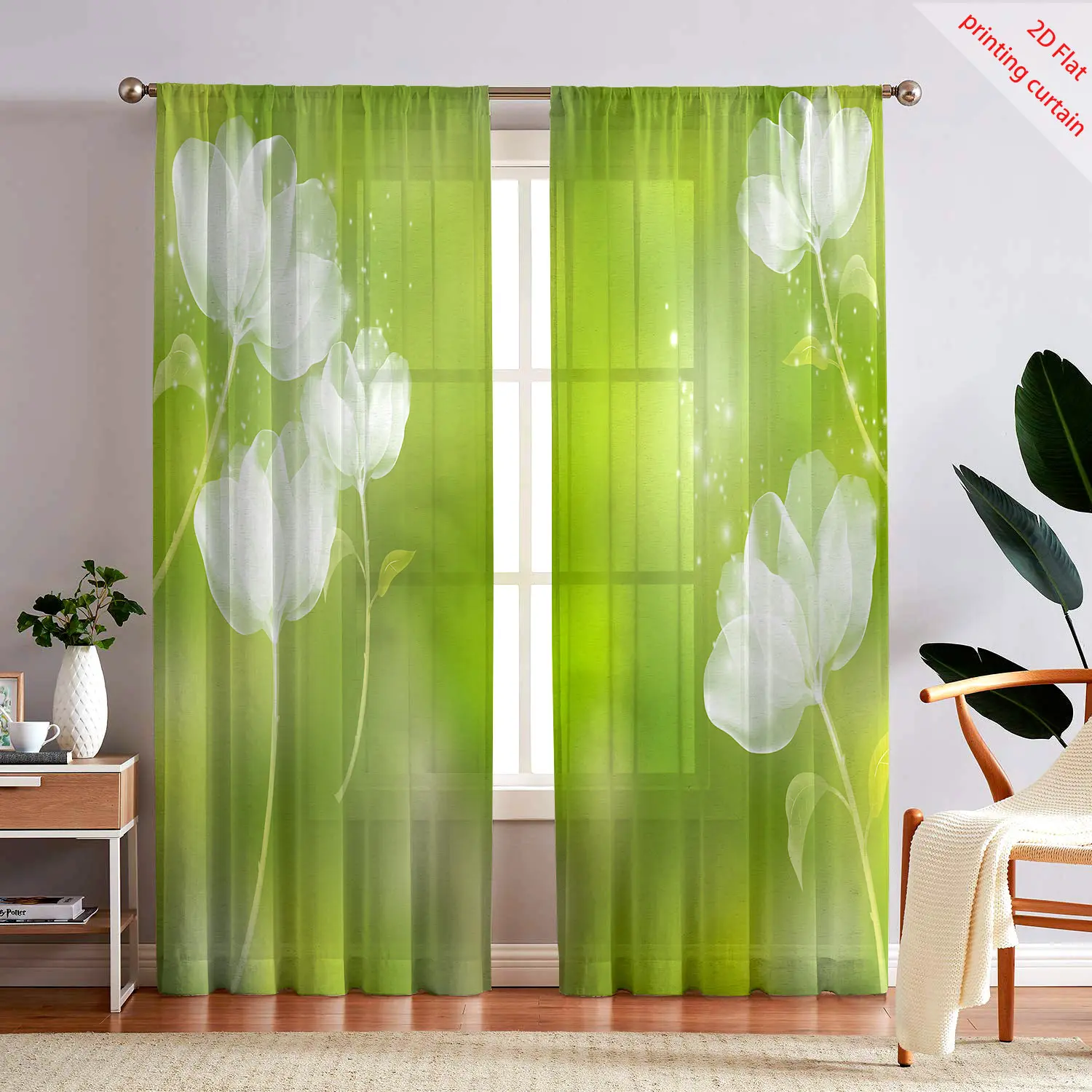 Floral green printed transparent gauze curtain, home aesthetic decoration, suitable for living rooms, bedrooms, balconies