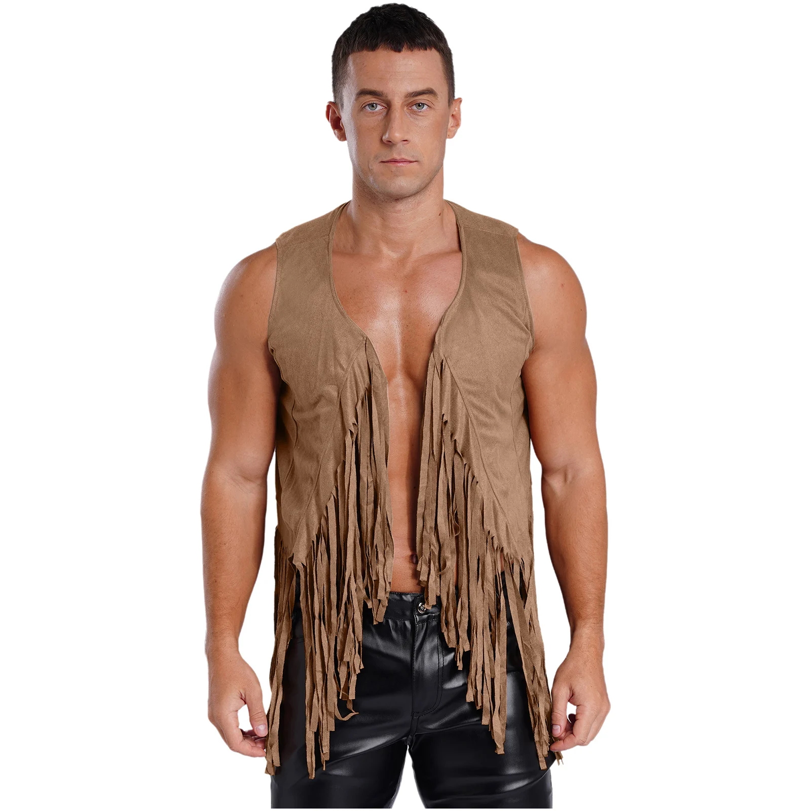 

Men Vintage Gothic Tribal Style Tassel Waistcoat Sleeveless Open Front Fringe Vest Halloween Carnival Cowboy Cosplay Cardigans