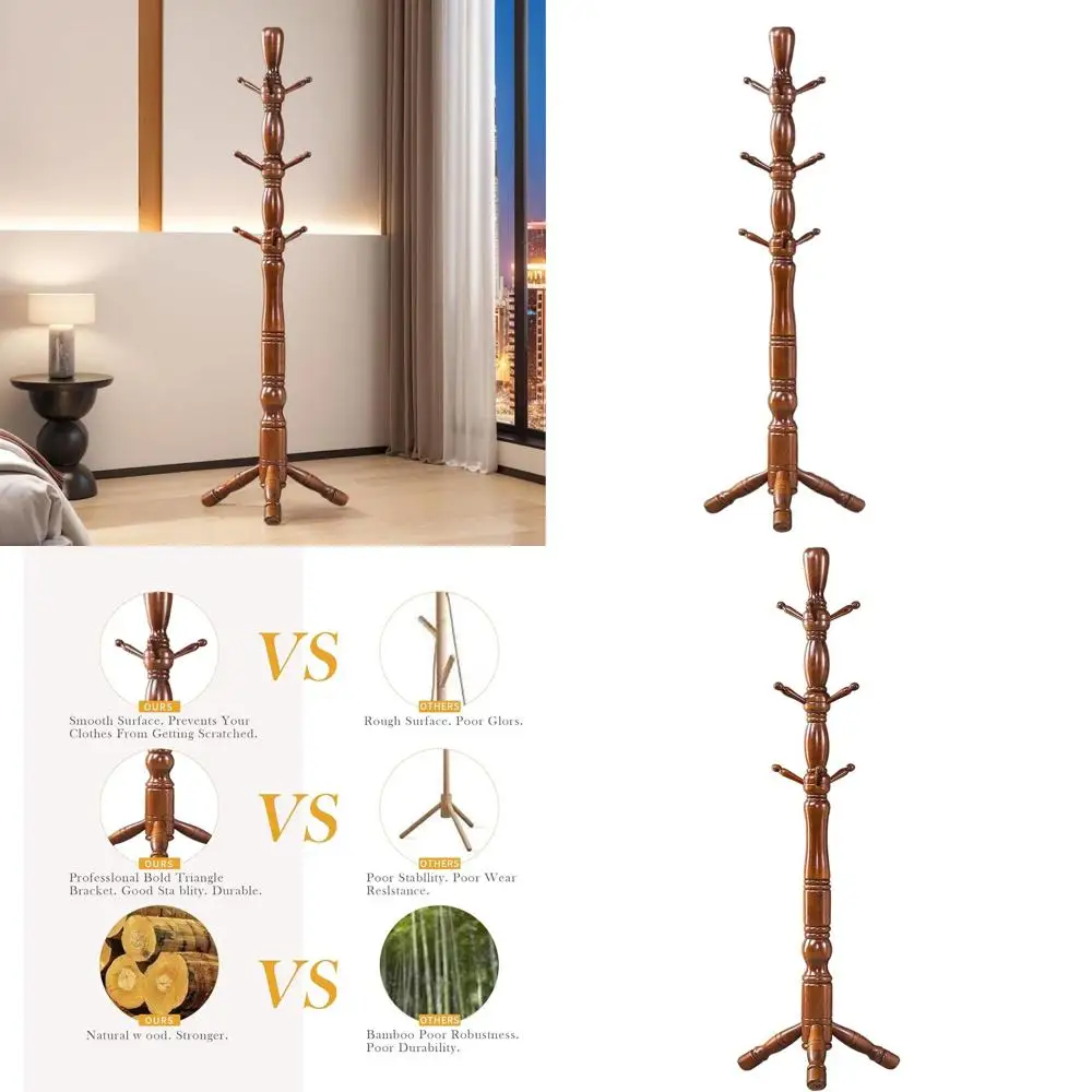

Vintage Walnut Hall Tree with 3 Height Settings and 9 Hooks, Freestanding Coat Rack for Entryway, Bedroom, and Home Office
