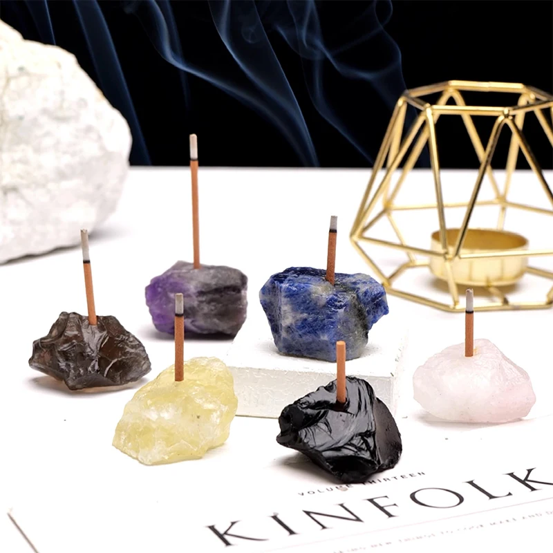 Soporte de incienso de piedra cruda de cuarzo rosa, amatista de cristal Natural de 2-3cm, espécimen Mineral Irregular, curación energética, decoración del hogar