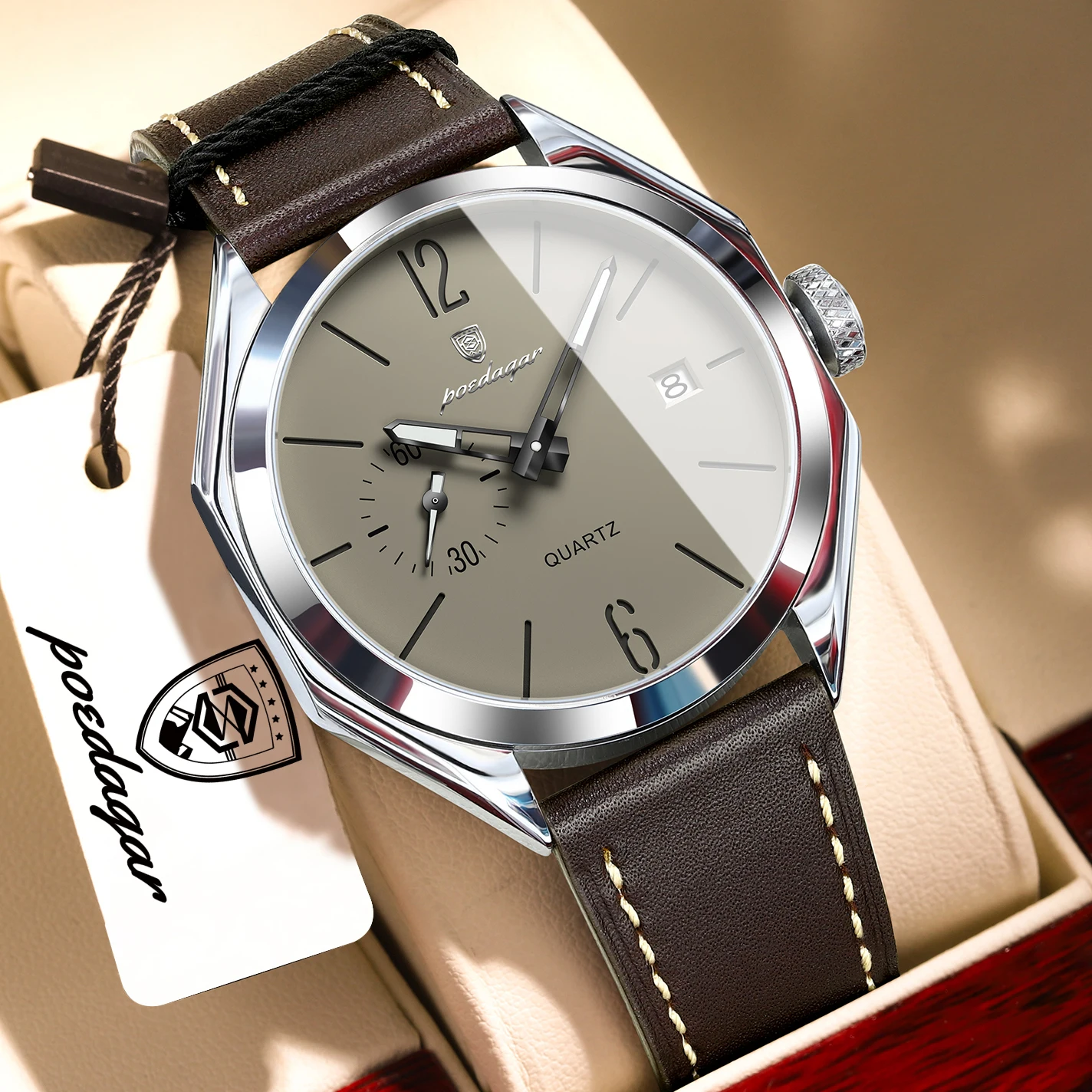 POEDAGAR Top Fashion Male Clock Business Waterproof Luminous Leather Men Wristwatch Date High Quality Quartz Men's Watches Reloj