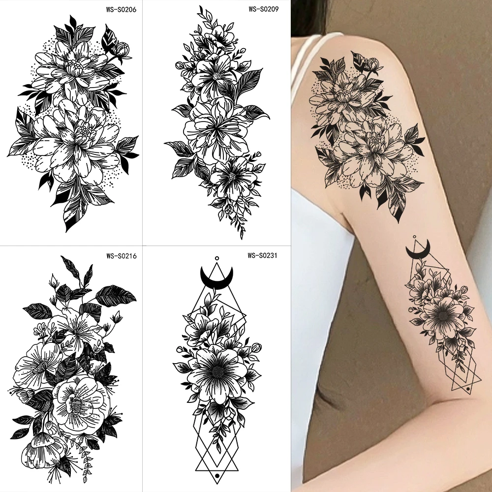 30/35 قطعة ثلاثية الأبعاد مثير زهرة سوداء الوشم ملصقات ارتفع الأزهار الأيائل المتاح وهمية الوشم للحزب الرجال النساء حفلة اليد الجسم ديكور #4