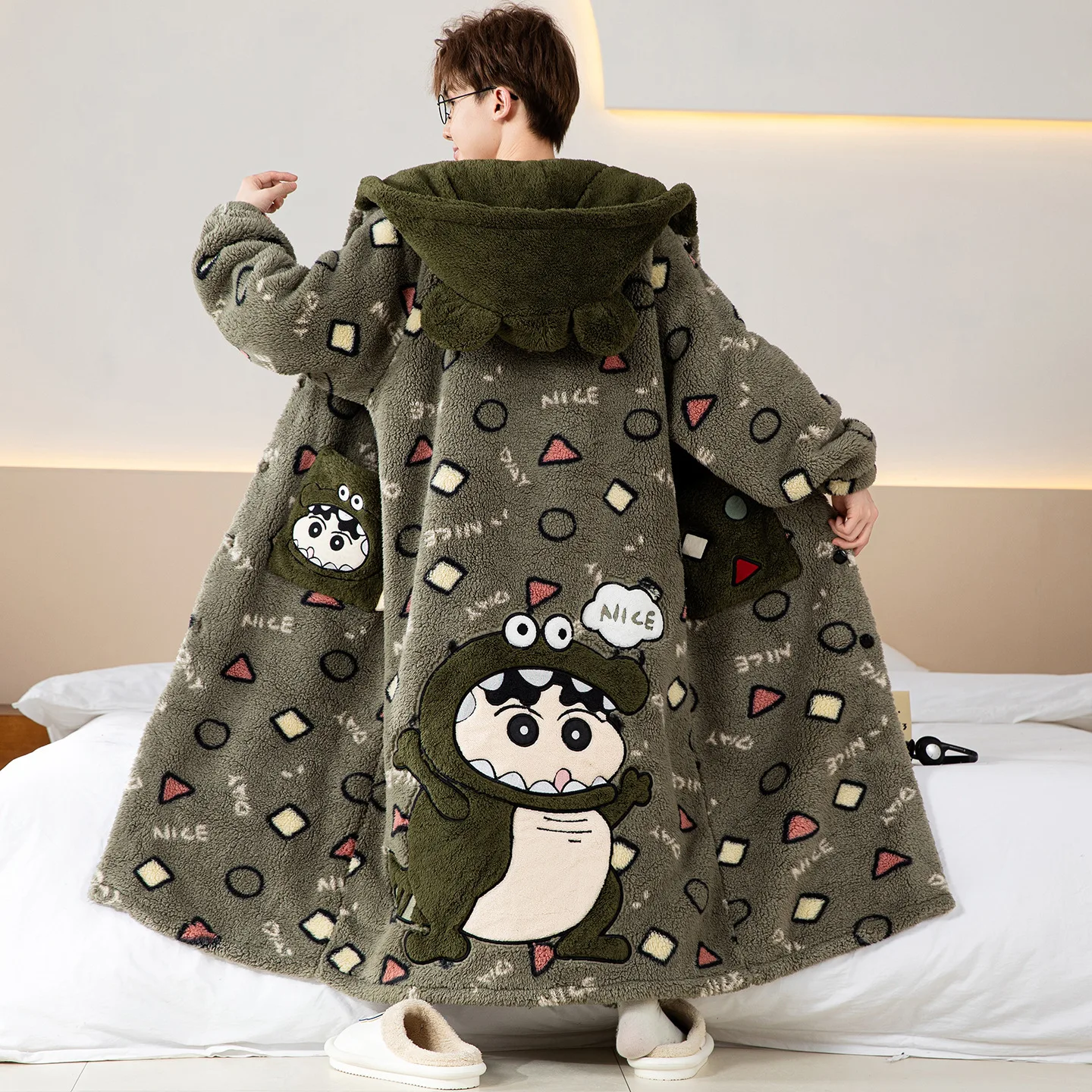 Kawaii Anime Men Plush Sleepwear Suit Long Hooded Bathrobe + Sweatpants Gengar Crayon Shin-Chan Fluffy Fleece Oversized Pajamas