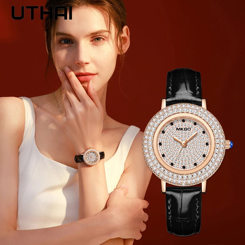 UTHAI W43 New Women\'s Brand Quartz Watch Luxury Full Diamond Jewelry Crystal Gem Scale Waterproof Leather Band Ladies Watches