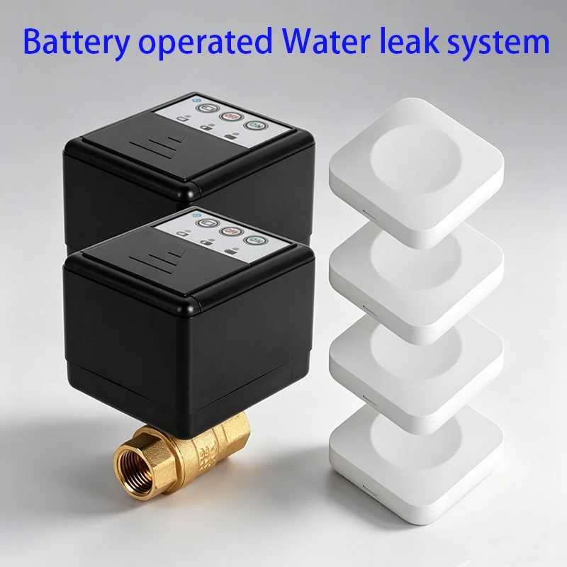 Battery Operated 433MHz Wireless Water Leakage Detector System 4pc Water Leak Sensors DN15/20/25 Automatic Water Cut Off Valves