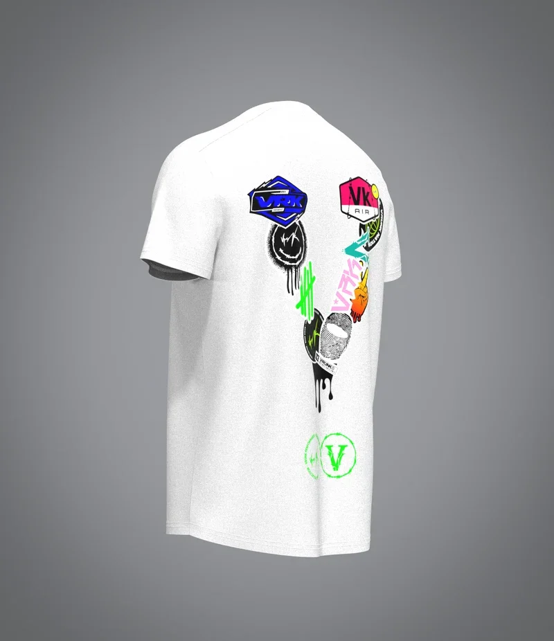 2026Latest Men White Cotton T-shirt Colorful VRK Sticker Graffiti Drip Print Back Design Hip Hop Loose Short Sleeve Street Trend