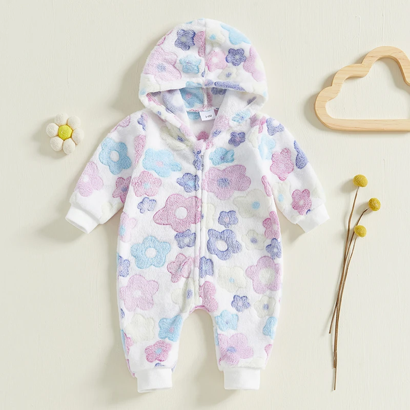 Barboteuse d'hiver à manches longues pour bébé fille, combinaison à capuche, imprimé floral, tenue betant Smile