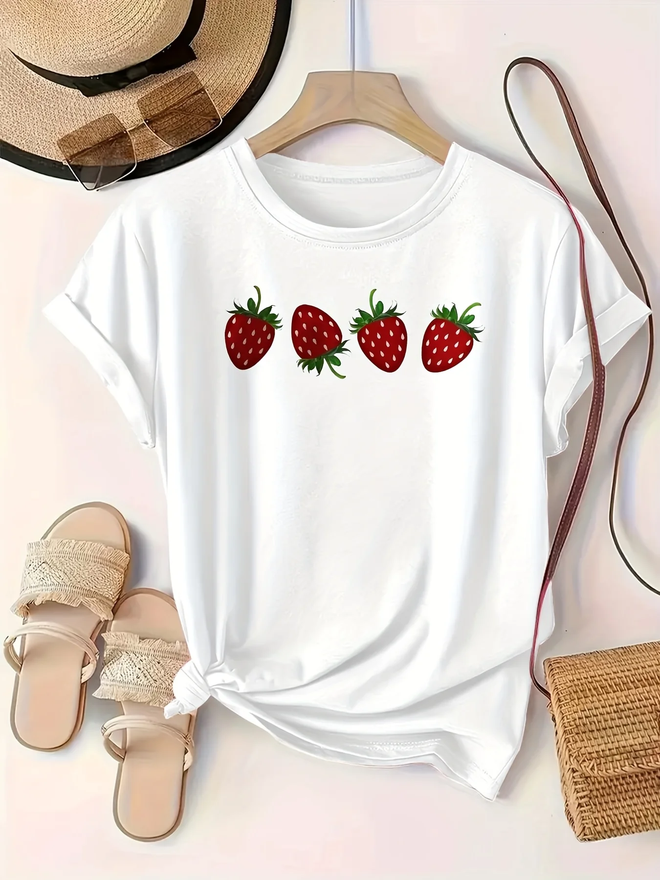 Women's Casual Short Sleeve with Red Strawberry Print Round Neck Breathable Cute T Shirts Harajuku Short Sleeve Casual