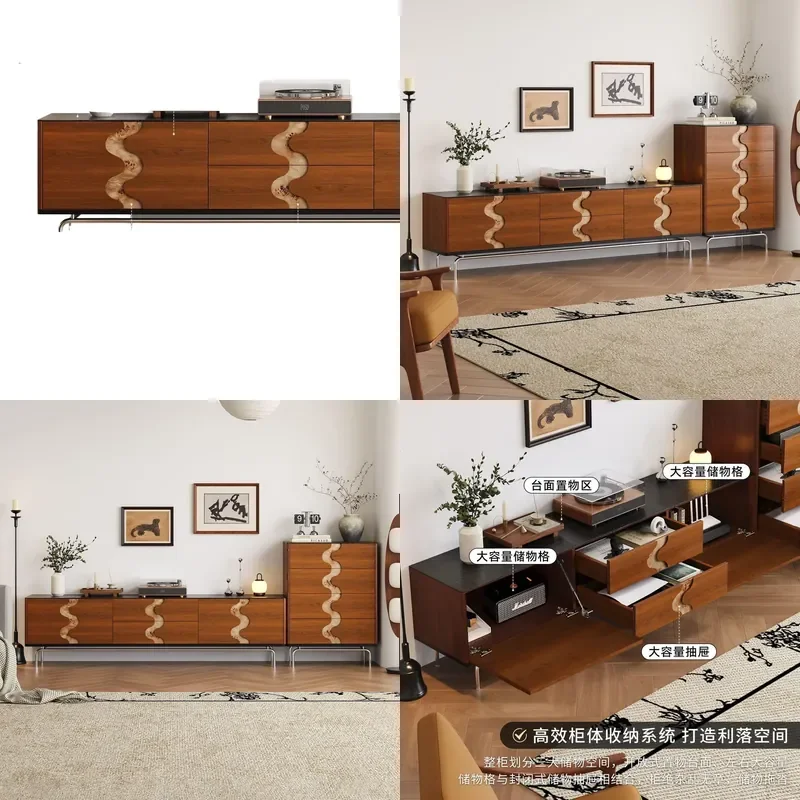 Medieval Style Solid Wood TV Cabinet and Coffee Table Combo Floor to Ceiling Storage for Living Room Small Apartment Teak