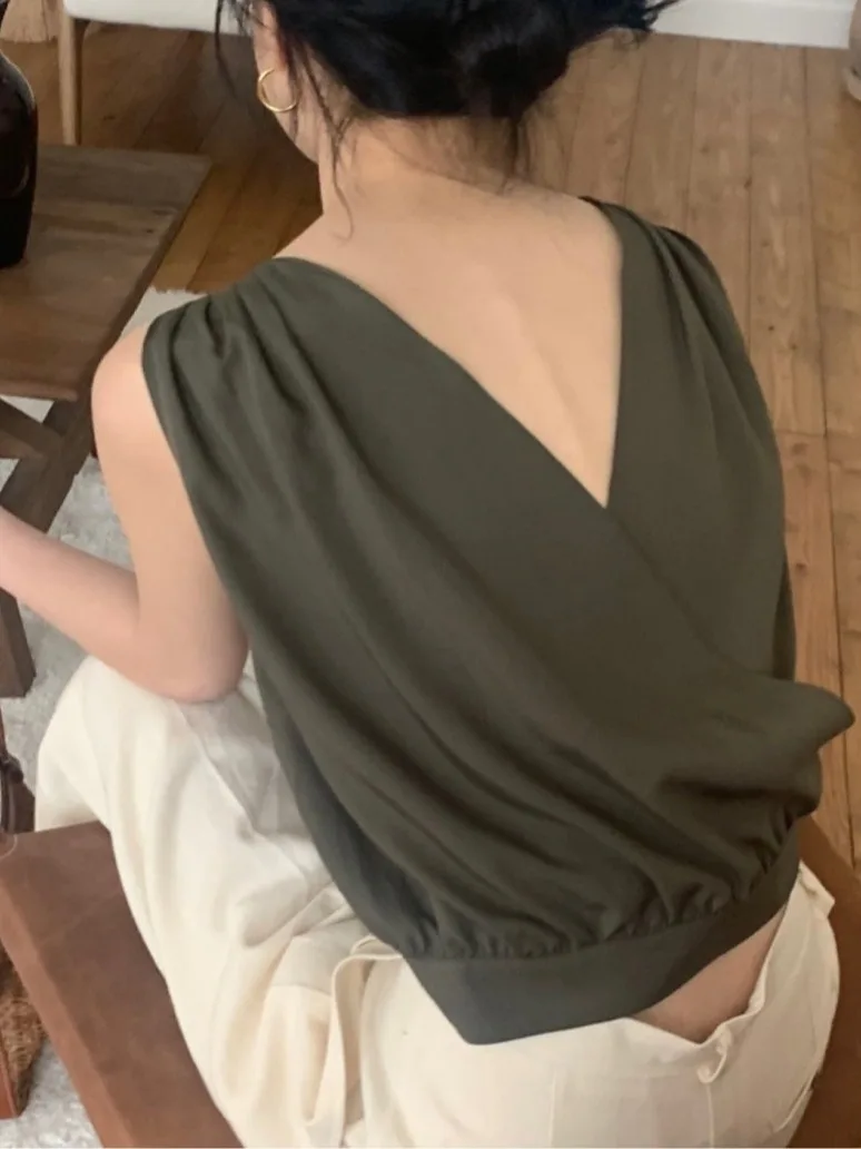 Ele Bal V-Ne Pleated Loose Svel Vest irt Chic Summer Cross Design Breathable Comfortable Women's Top